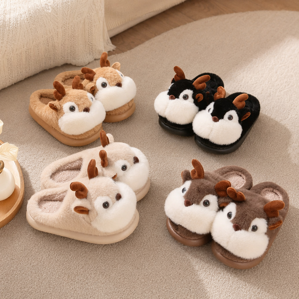 The plush deer head home slippers are cute and warm. The indoor cotton slippers are unisex details Picture