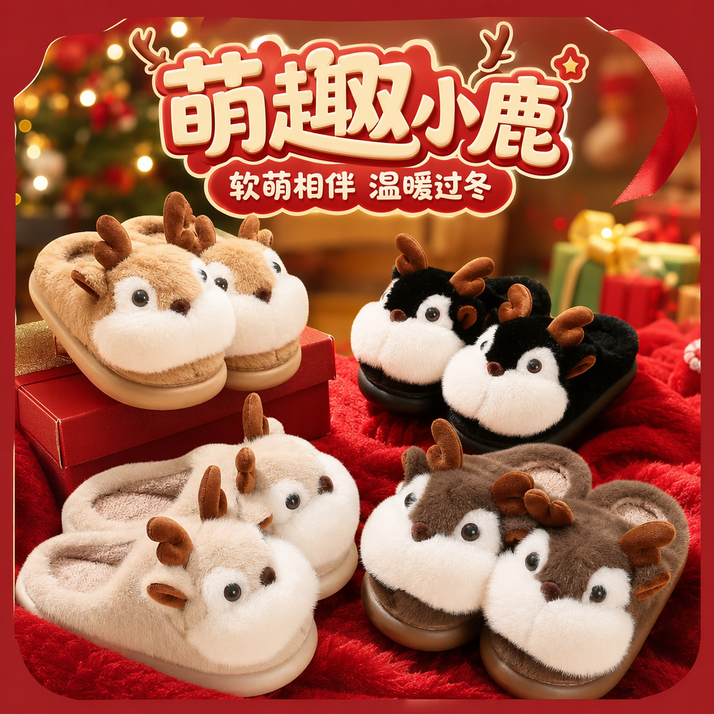 The plush deer head home slippers are cute and warm. The indoor cotton slippers are unisex Specification image