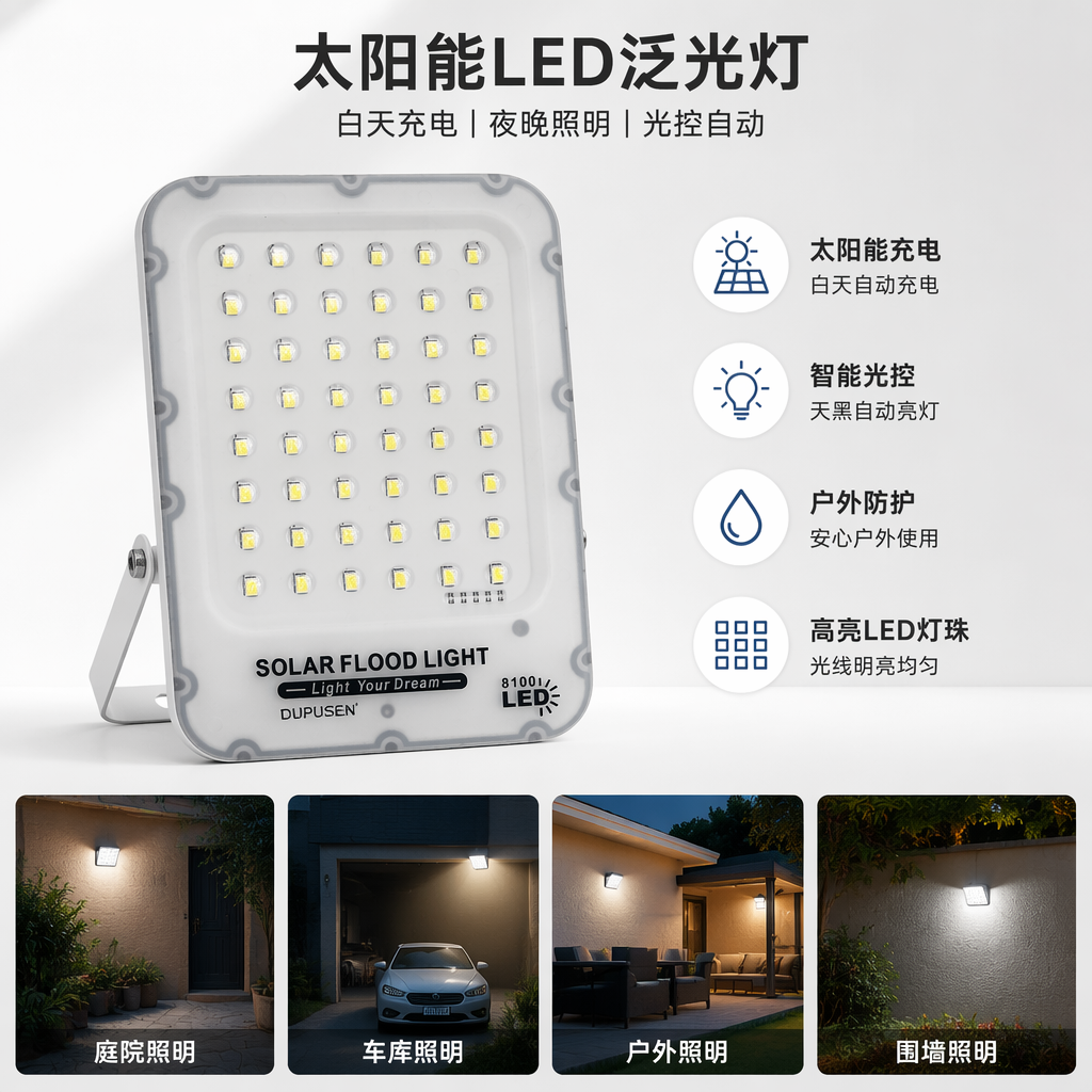 白色太阳能泛光灯 户外防水广角照明 10W高亮节能免布线