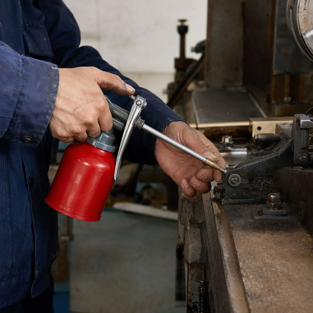 The red metal high-pressure oil can is a manual portable oiling tool with a pressure-resistant and leak-proof design details Picture