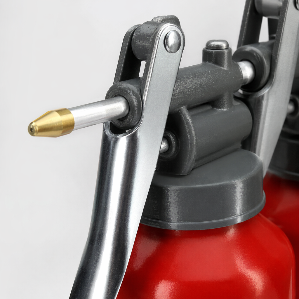 The red metal high-pressure oil can is a manual portable oiling tool with a pressure-resistant and leak-proof design Application Scenario