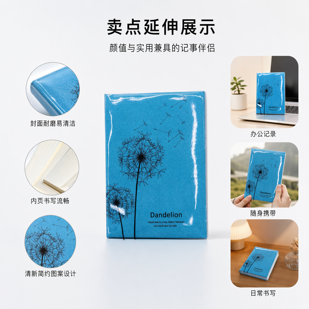 Blue dandelion pattern notebook, simple A5 horizontal line notebook, 32K hard shell student notebook