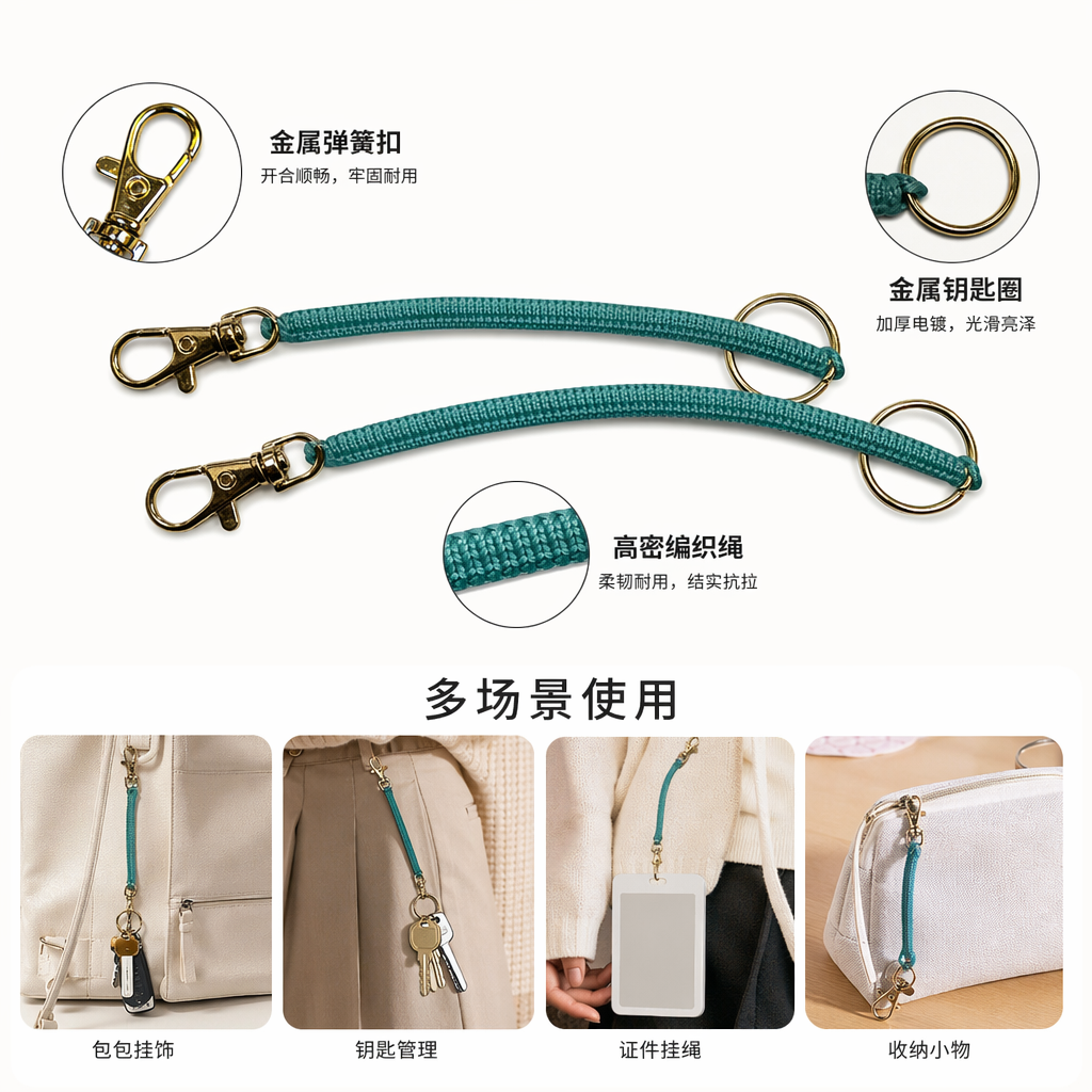 青绿色弹簧绳钥匙扣 便携耐用防丢挂件