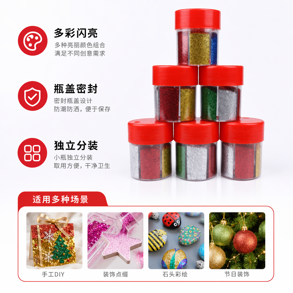 红色盖子彩色亮片罐 闪亮装饰收纳罐 家居手工DIY配件