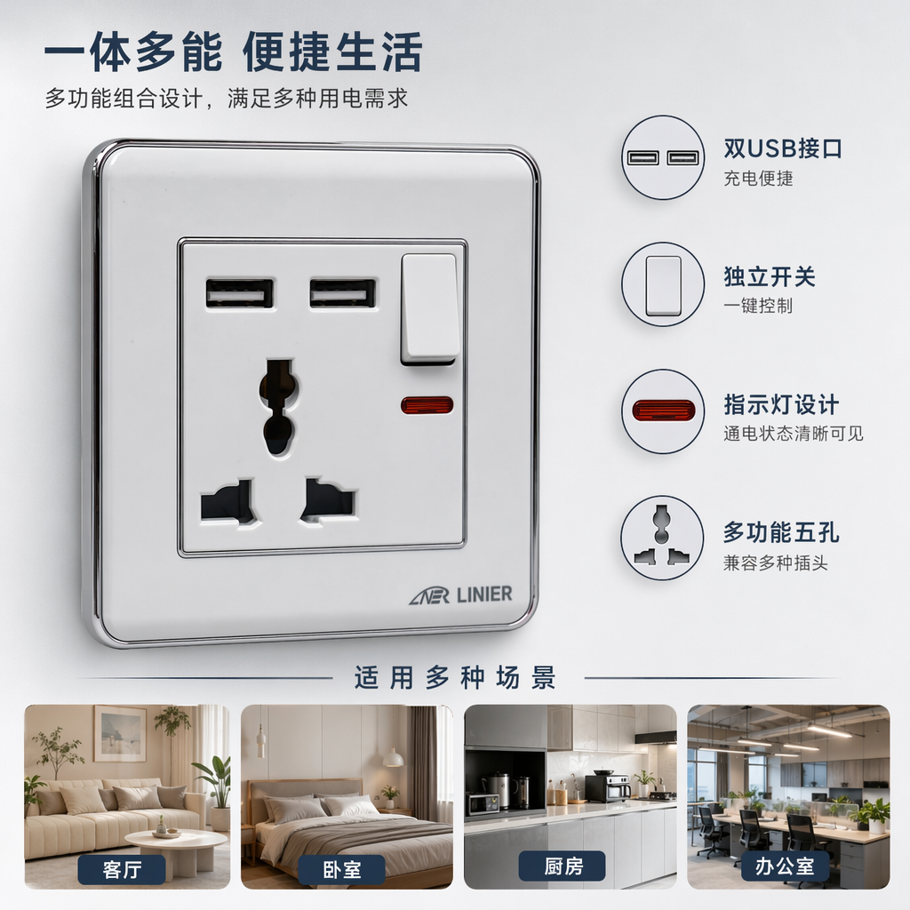 L50 White multi-functional dual USB wall socket panel, 86-type household wall switch and wall socket combination, exclusively for export