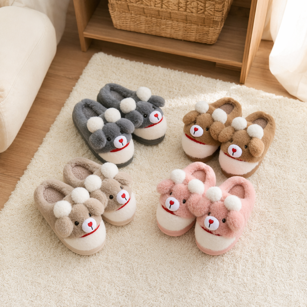 Colorful plush cartoon slippers for women, warm and cute for home use, soft soles and anti-slip details Picture