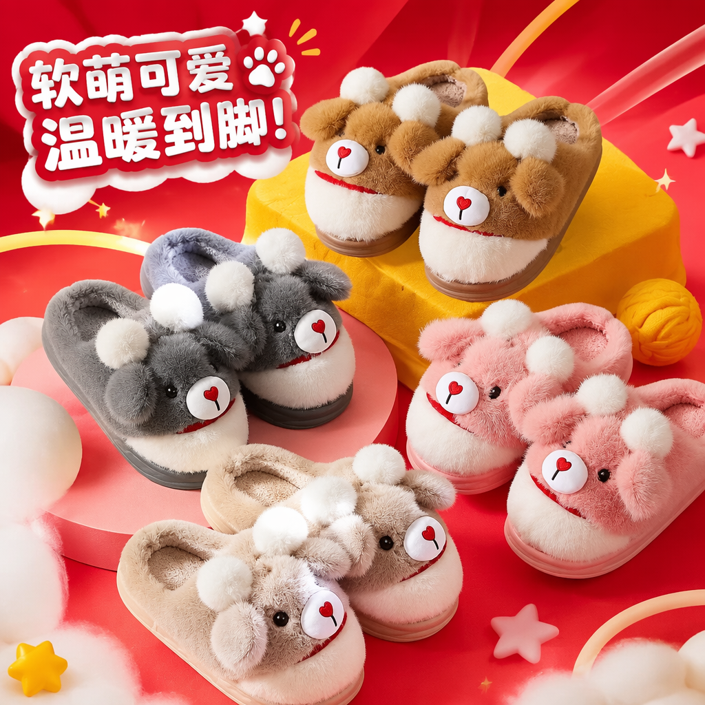 Colorful plush cartoon slippers for women, warm and cute for home use, soft soles and anti-slip Specification image