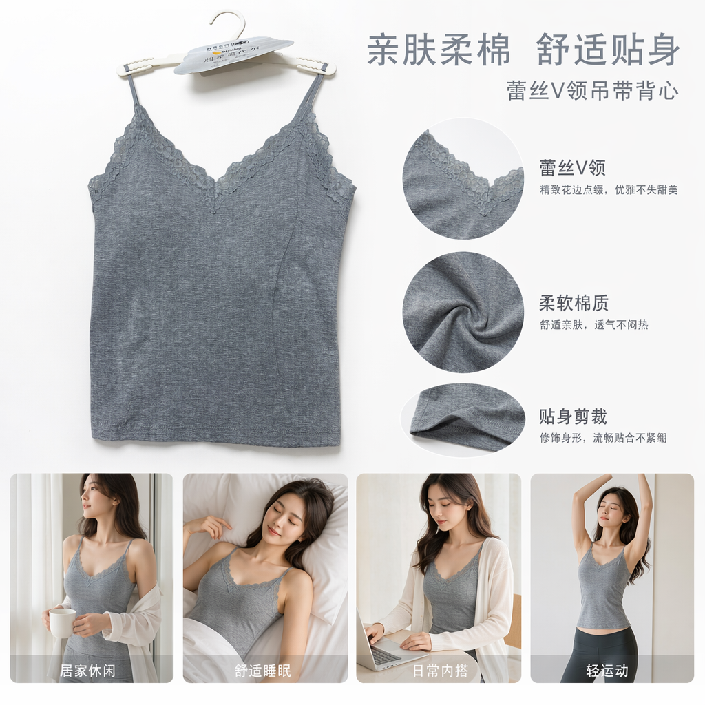 灰色蕾丝边吊带背心女修身显瘦内搭上衣