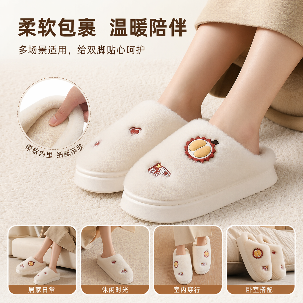 Plush slippers for women in winter, thickened and warm home cotton slippers for couples