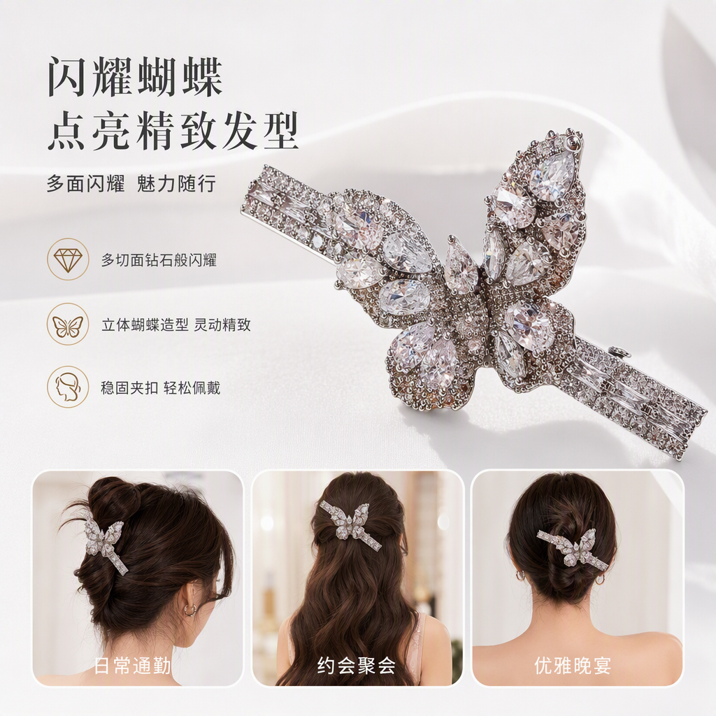 Silver diamond-encrusted butterfly-shaped hairpins are fashionable and elegant headwear for ladies