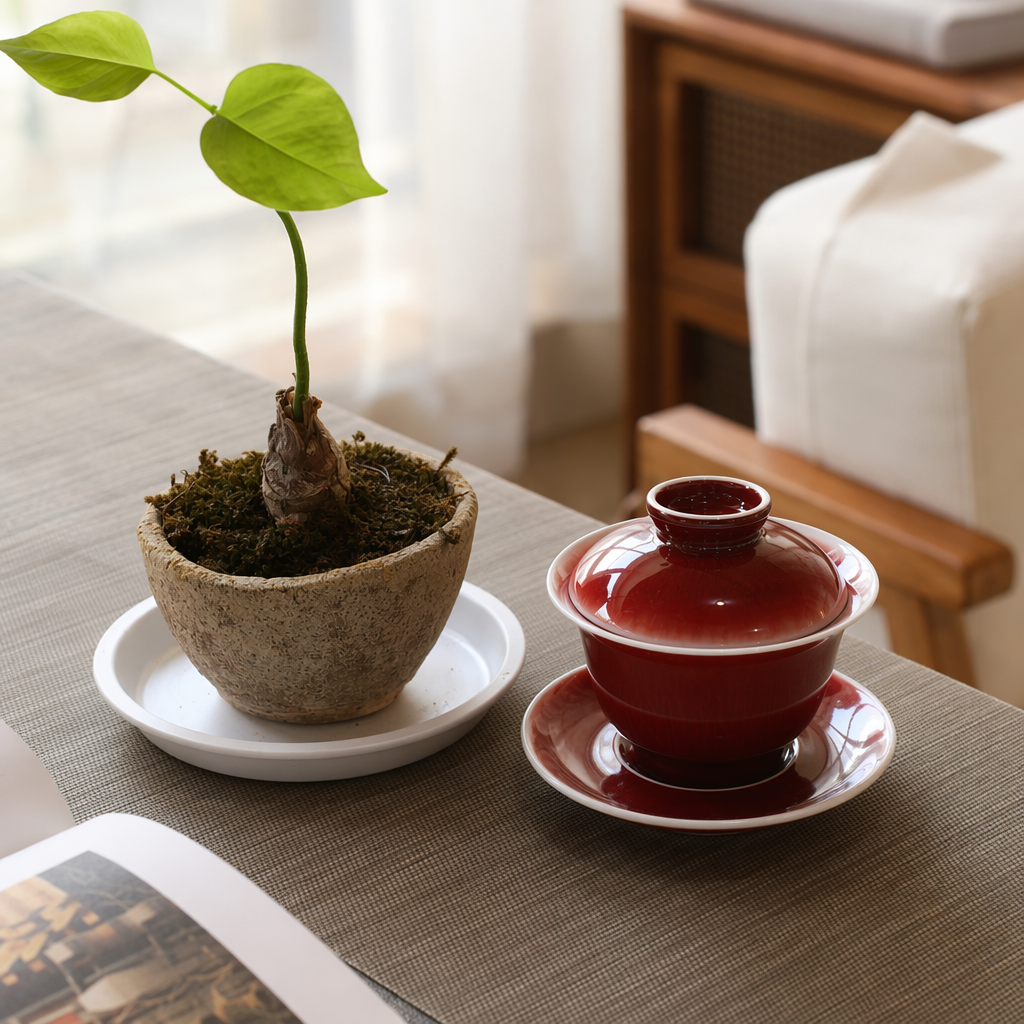 Red covered bowl tea set, ceramic Gongfu tea set with filter, portable travel tea set details Picture