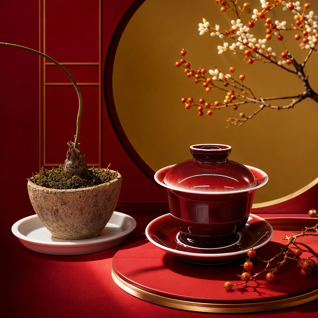 Red covered bowl tea set, ceramic Gongfu tea set with filter, portable travel tea set Specification image