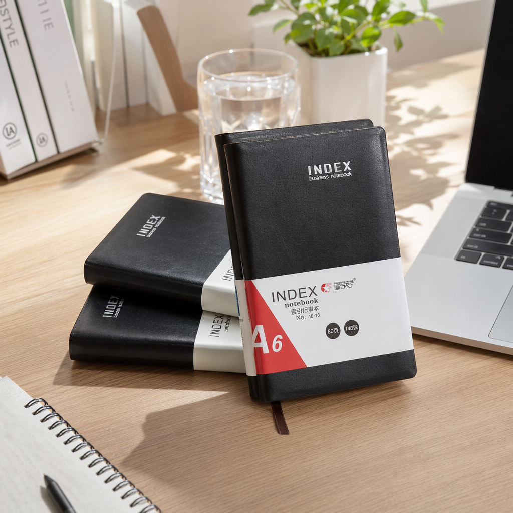 Three black leather INDEX notebooks stacked together with white labels, 80 grams, 148 sheets details Picture