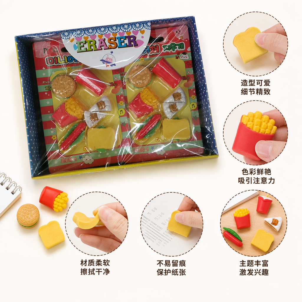卡通食物造型橡皮擦套装 汉堡薯条热狗彩色包装盒