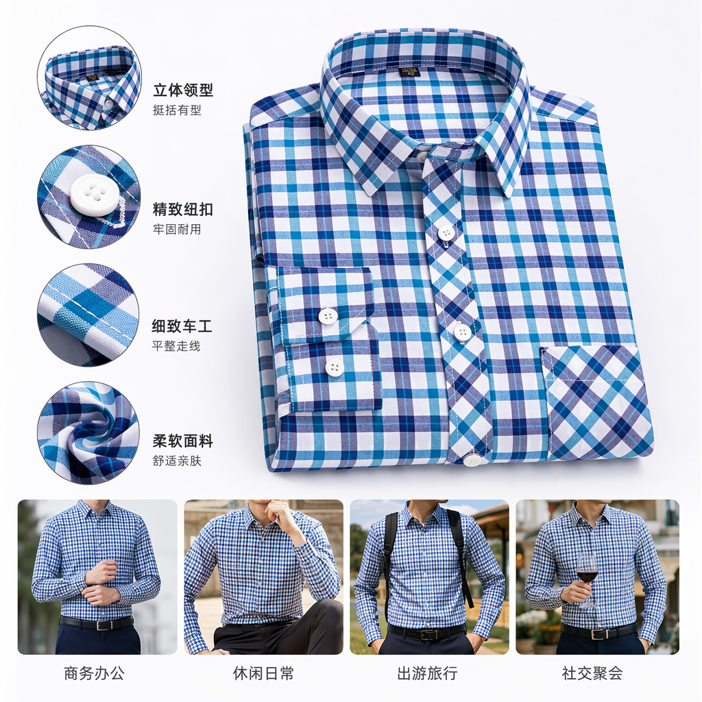 蓝白格纹长袖衬衫男纯棉休闲商务百搭上衣