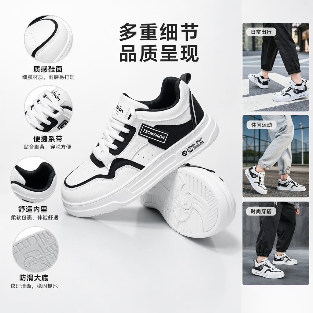 黑白拼色运动鞋 透气轻便男女士休闲跑步鞋