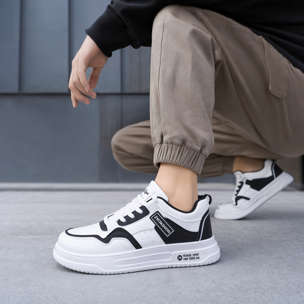 Blanco y negro patchwork calzado deportivo transpirable ligero para hombres y mujeres casual running zapatos details Picture