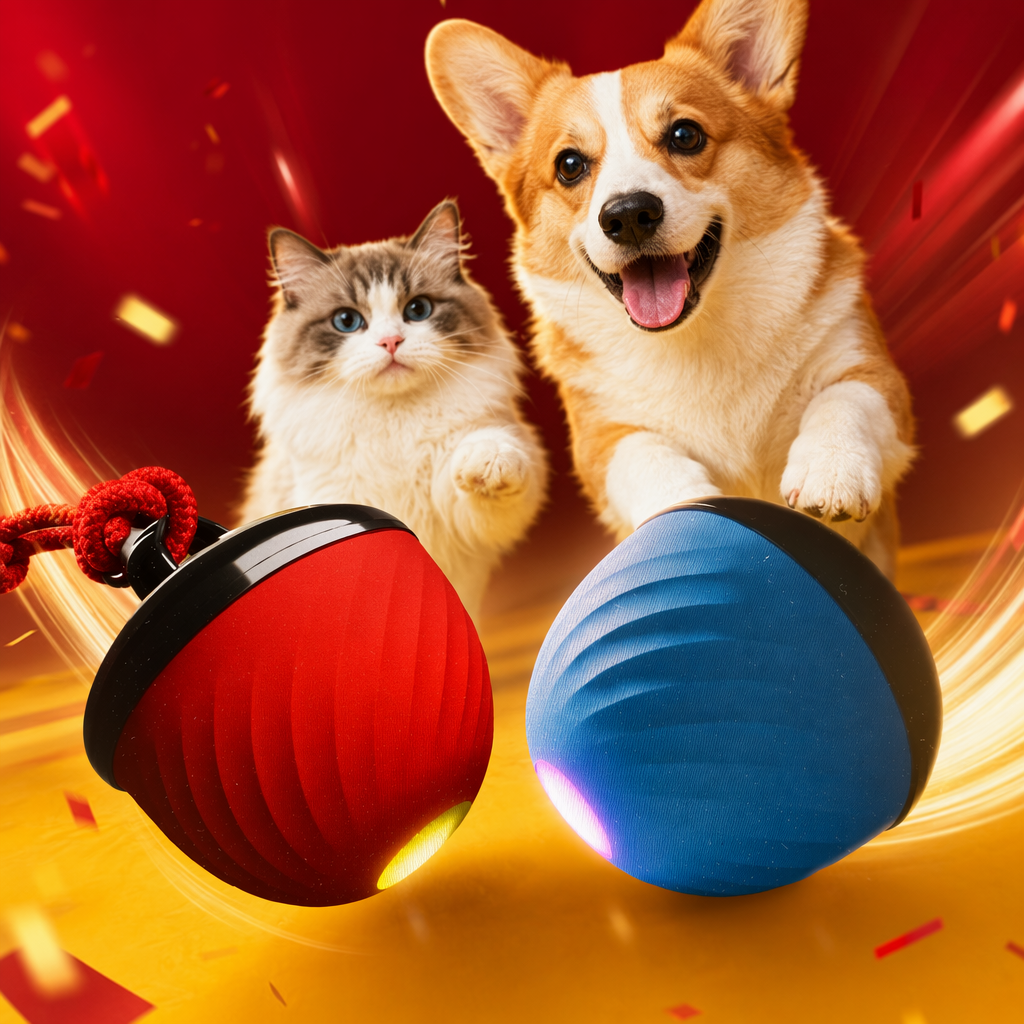 Red and blue automatic pet jumping ball, cat and dog toy, interactive and educational ball for cats and dogs Specification image