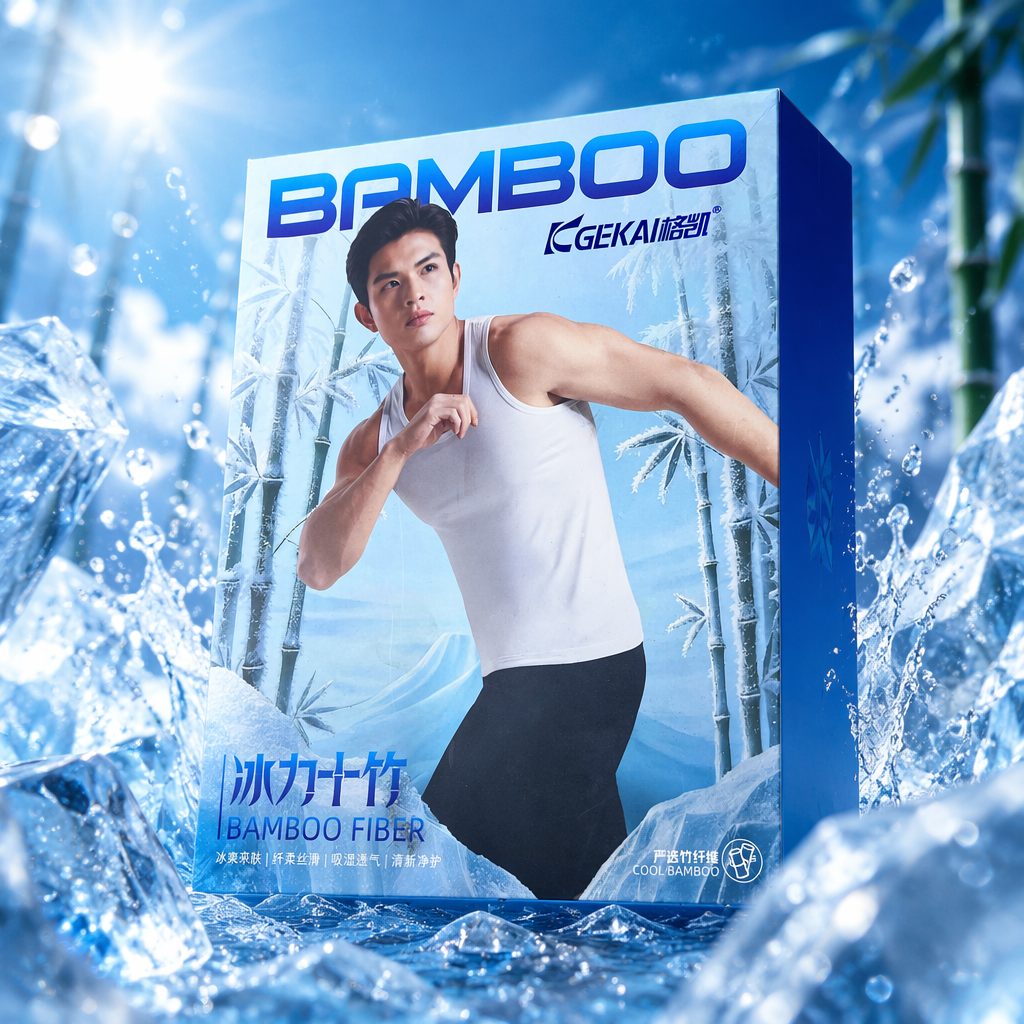 蓝色包装盒上的男性模特穿着白色背心，背景为冰霜竹林图案，包装上有“BAMBOO”“GEKAI格凯”“冰力十竹 BAMBOO FIBER”等文字细节图