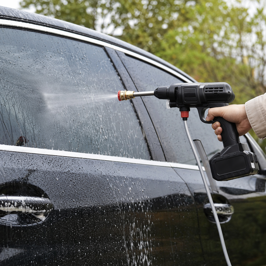 Black high-pressure cleaning gun with golden nozzle, red button, lithium battery pack and folding water bucket details Picture