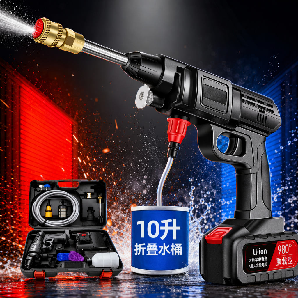 Black high-pressure cleaning gun with golden nozzle, red button, lithium battery pack and folding water bucket Specification image