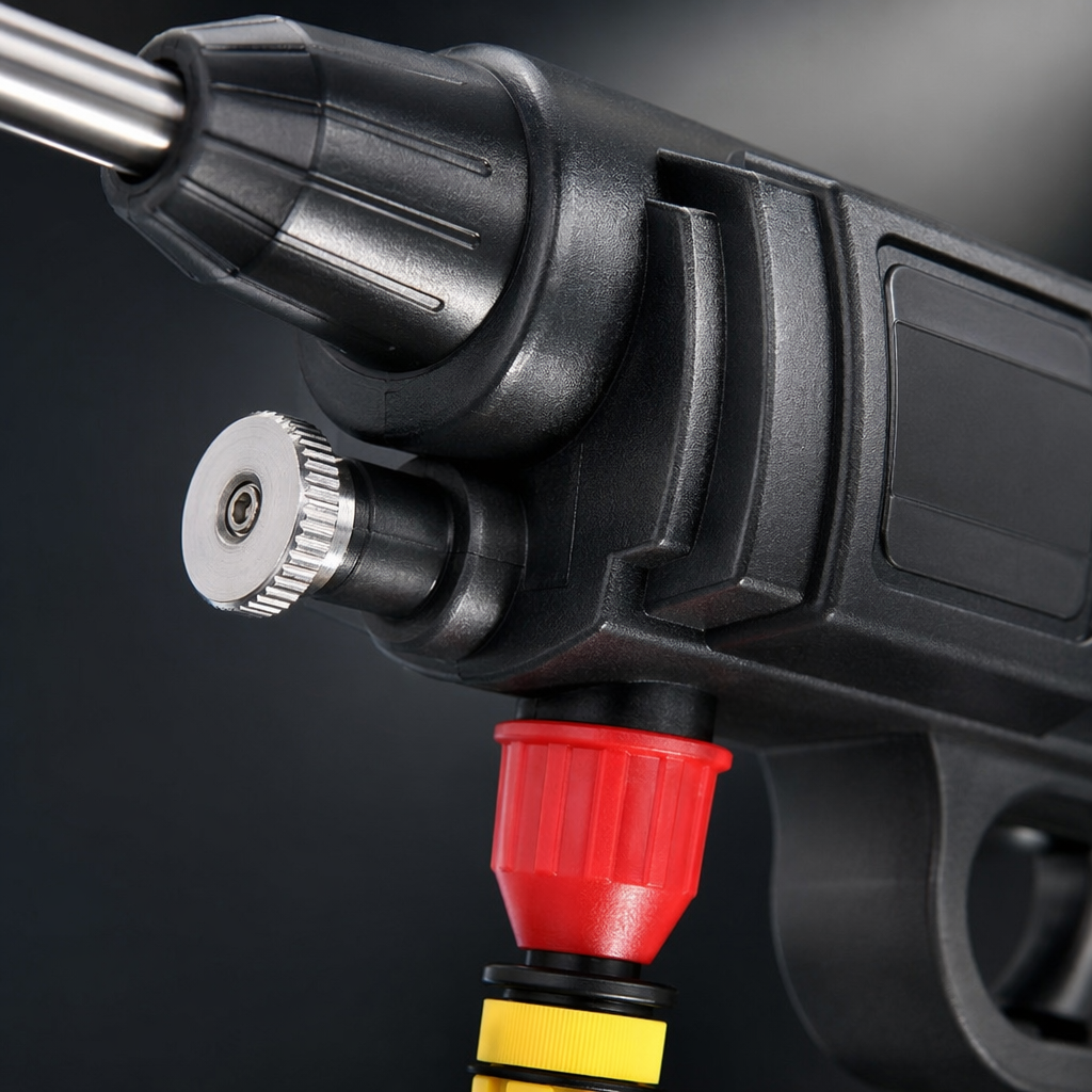 Black high-pressure cleaning gun with golden nozzle, red button, lithium battery pack and folding water bucket Application Scenario