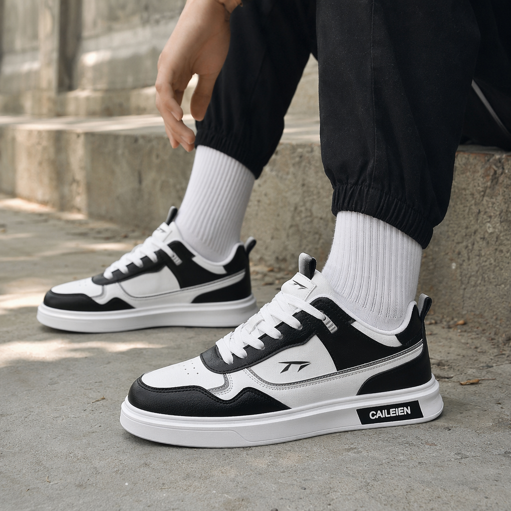 Blanco y negro patchwork zapatos casuales para hombres moda versátil ligero transpirable details Picture