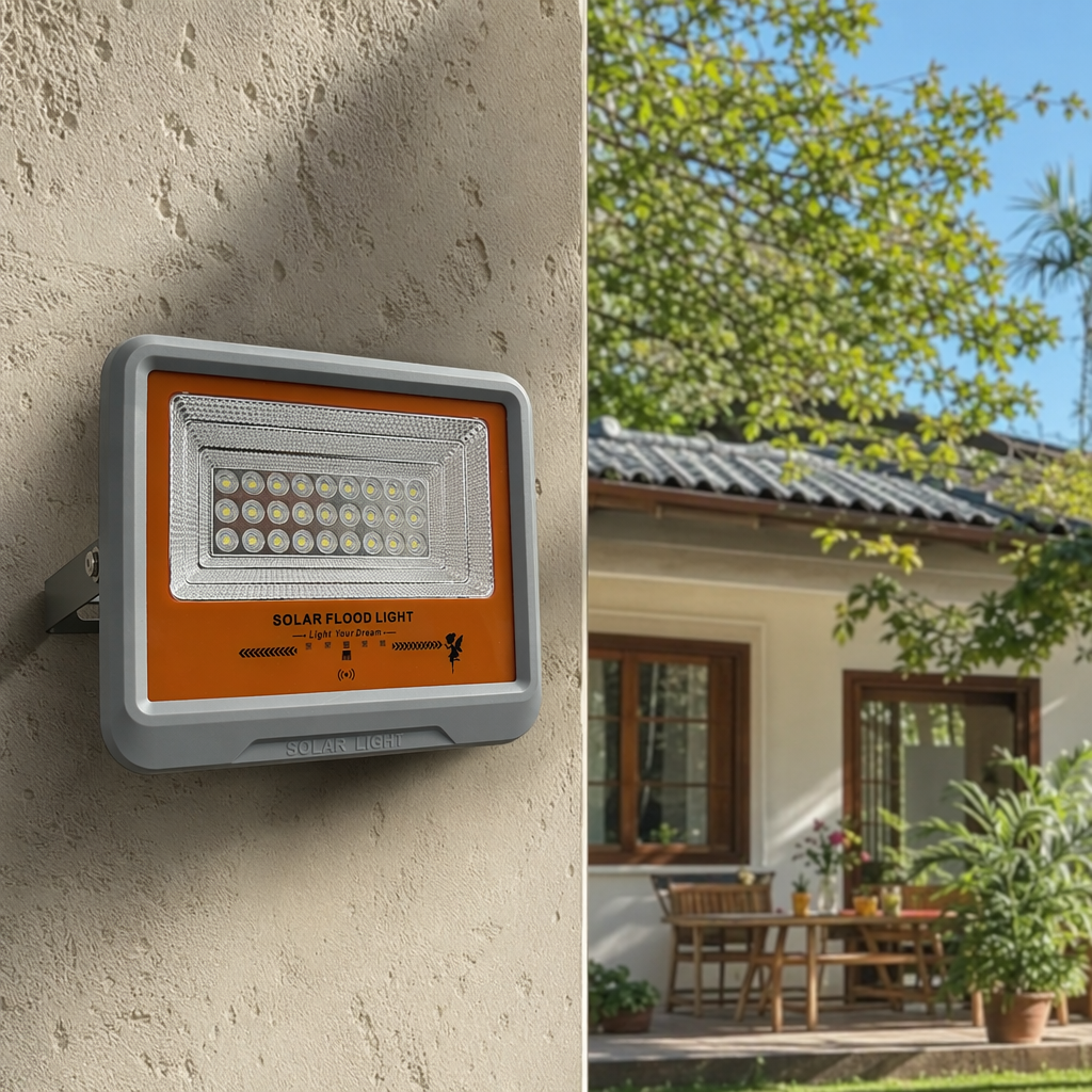 Grey shell solar floodlight for outdoor lighting, waterproof, energy-saving and wide-angle illumination details Picture