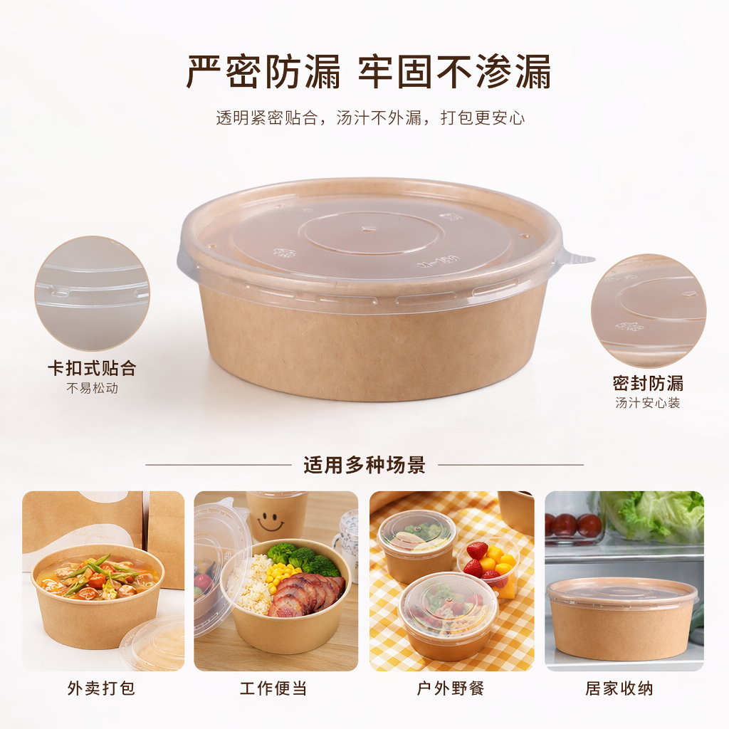棕色牛皮纸碗配透明PP盖 一次性环保餐具 家庭外卖打包用