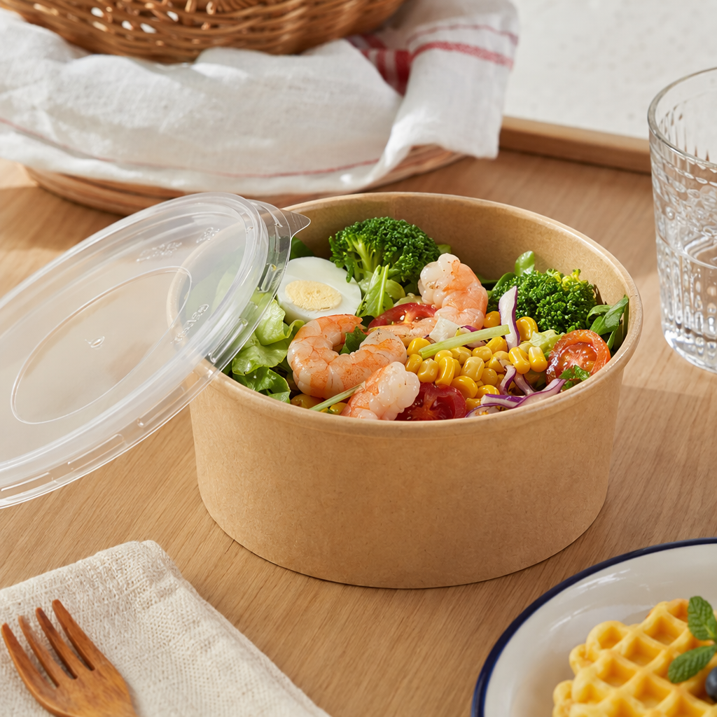 Brown kraft paper bowl with transparent PP lid, disposable eco-friendly tableware for home takeout packaging details Picture