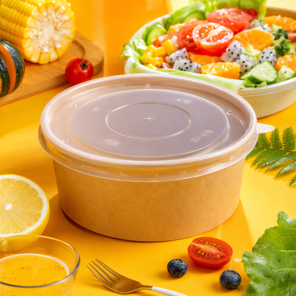 Brown kraft paper bowl with transparent PP lid, disposable eco-friendly tableware for home takeout packaging Specification image