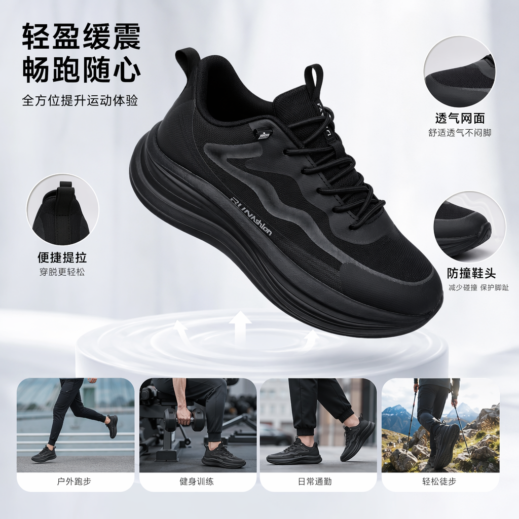 黑色运动鞋男士休闲百搭网面轻量训练鞋