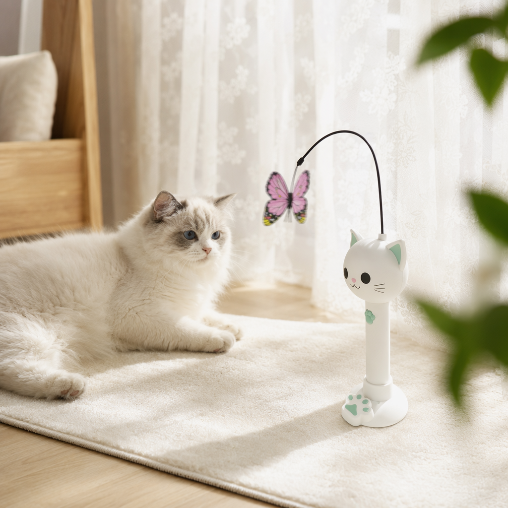 Blanco verde púrpura tres color gato forma eléctrica juguete gato con mariposa juguete para mascotas silencioso recargable details Picture