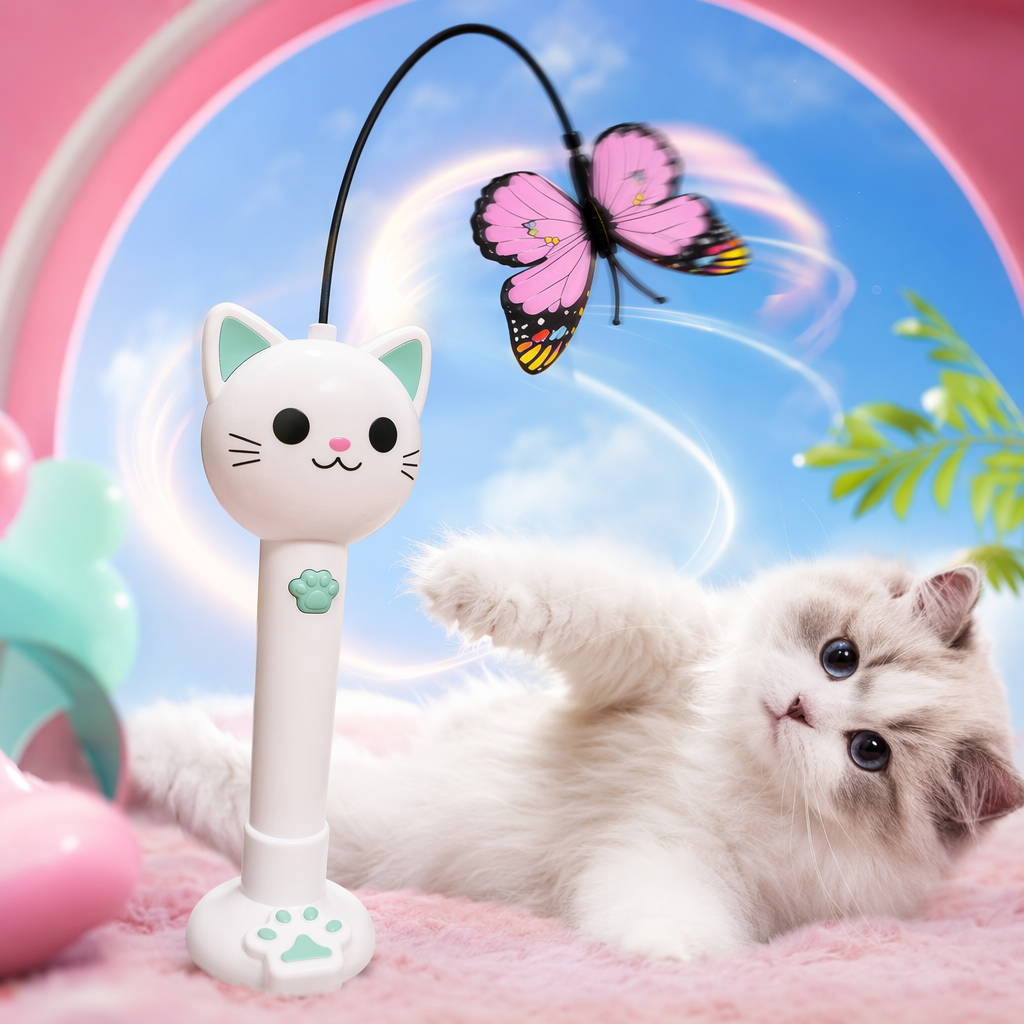 Blanco verde púrpura tres color gato forma eléctrica juguete gato con mariposa juguete para mascotas silencioso recargable Specification image