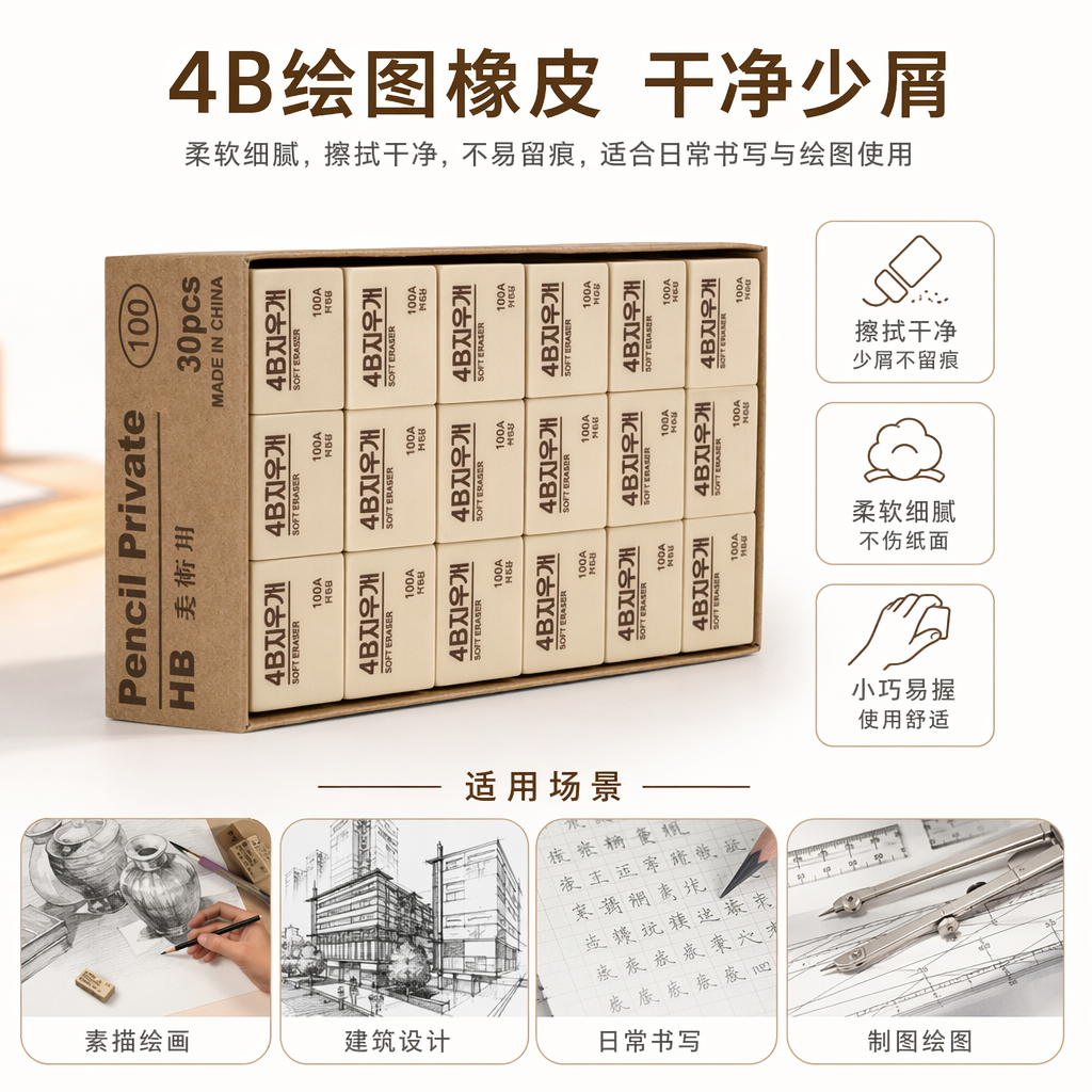 米色简约橡皮擦收纳盒 学生文具办公用品