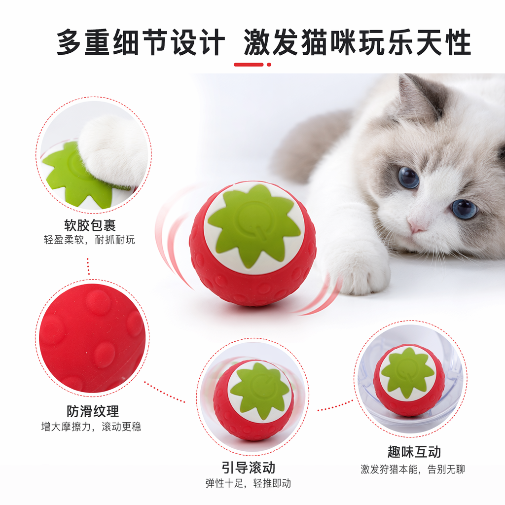 Three types of electric cat-teasing soft rubber elastic balls in the shapes of strawberries, oranges and pumpkins