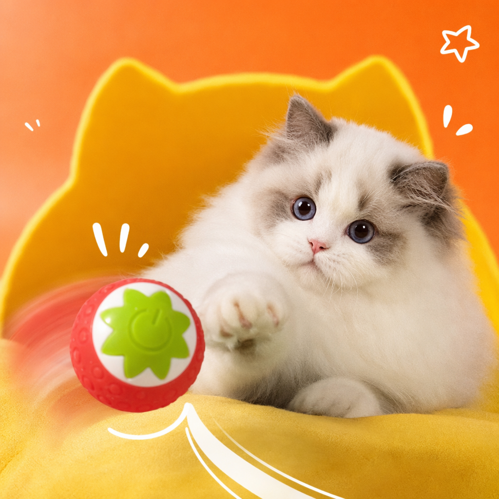 Three types of electric cat-teasing soft rubber elastic balls in the shapes of strawberries, oranges and pumpkins Specification image