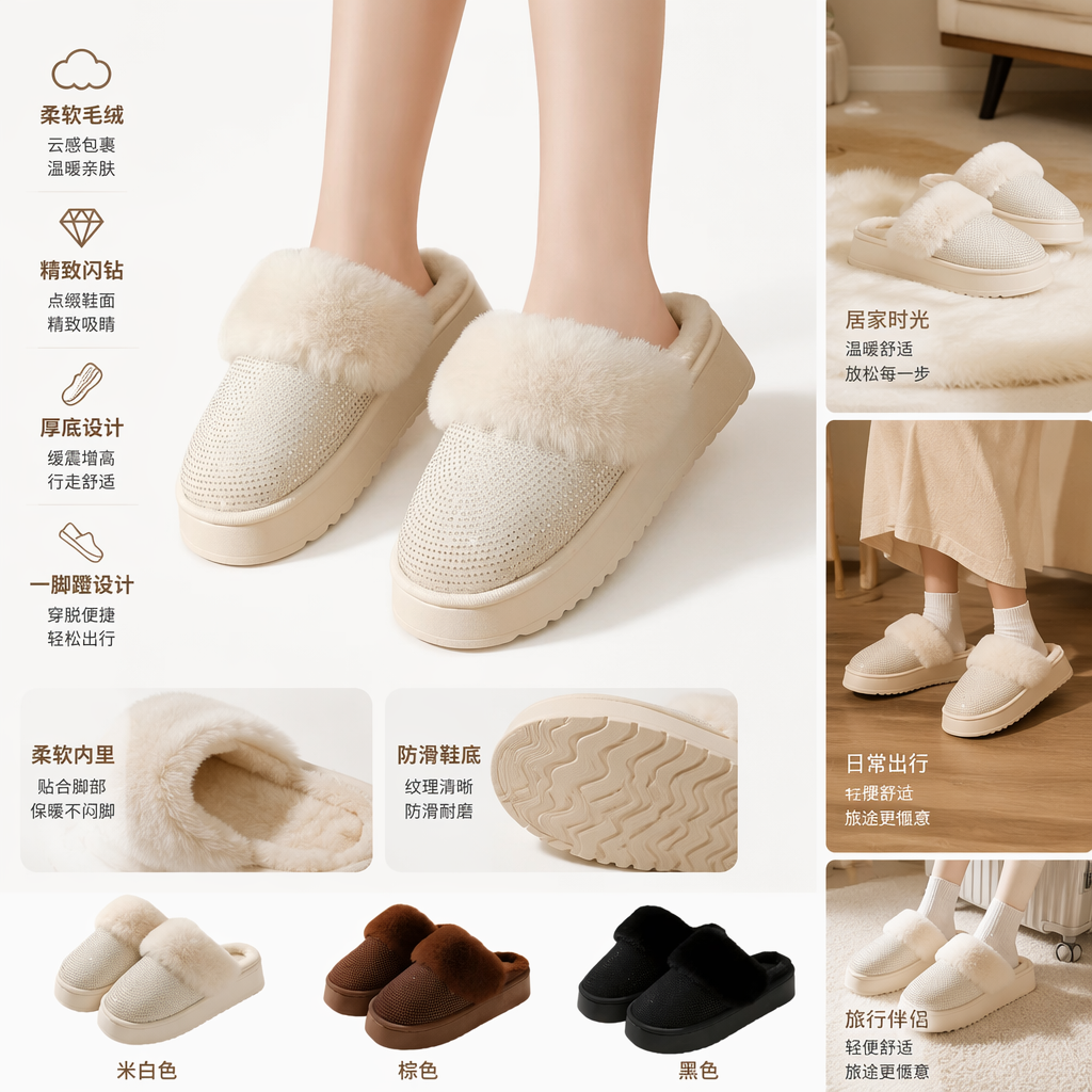 White plush diamond-encrusted thick-soled slippers for women, warm for autumn and winter, anti-slip soft soles for home use