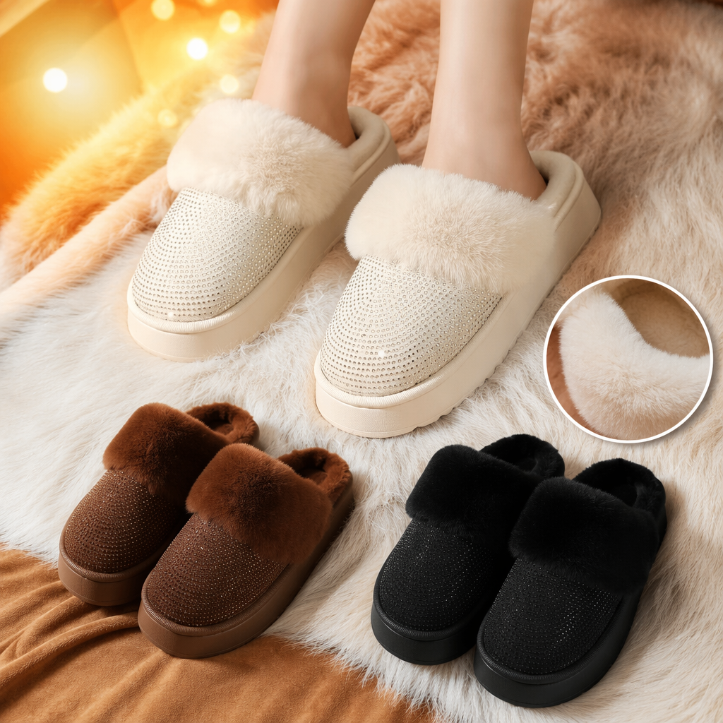 White plush diamond-encrusted thick-soled slippers for women, warm for autumn and winter, anti-slip soft soles for home use Specification image