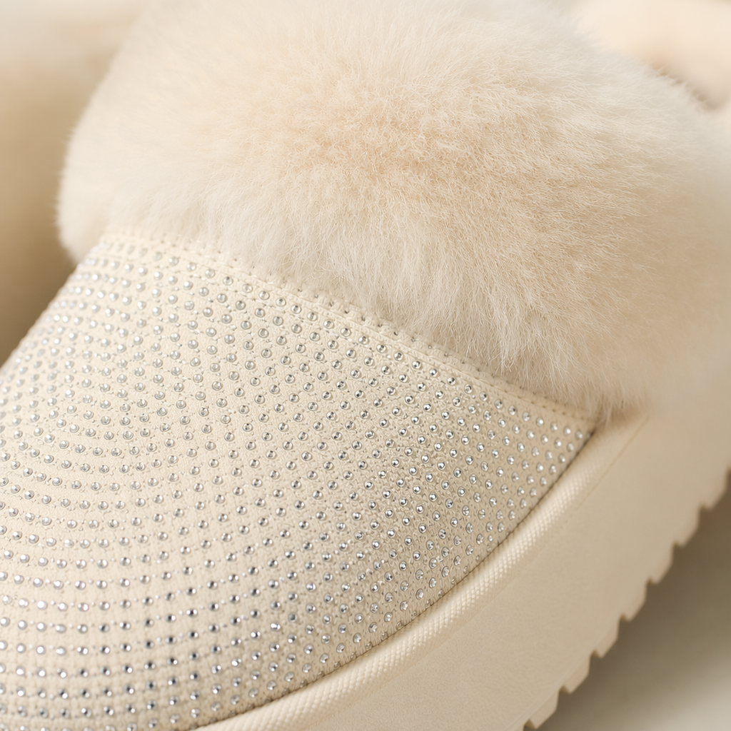 White plush diamond-encrusted thick-soled slippers for women, warm for autumn and winter, anti-slip soft soles for home use Application Scenario