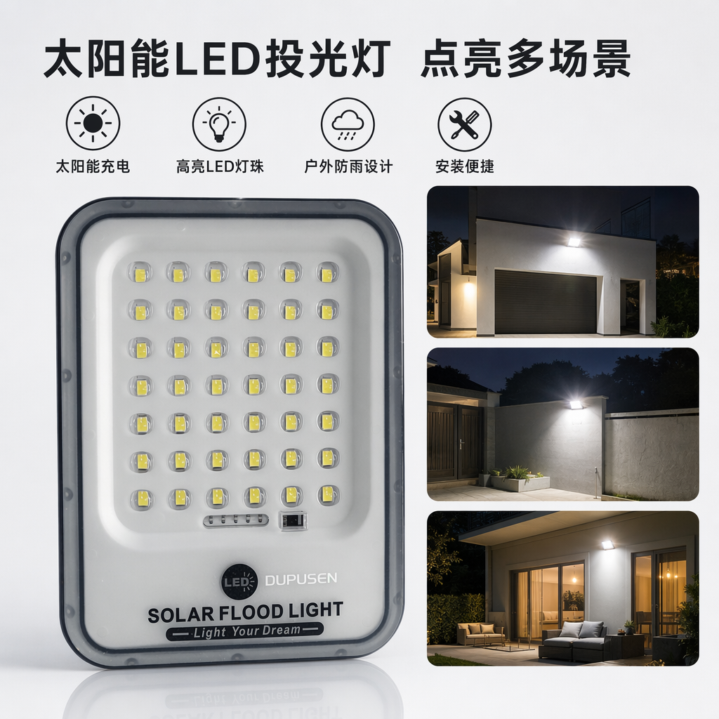 灰色LED太阳能泛光灯户外防水照明庭院草坪灯