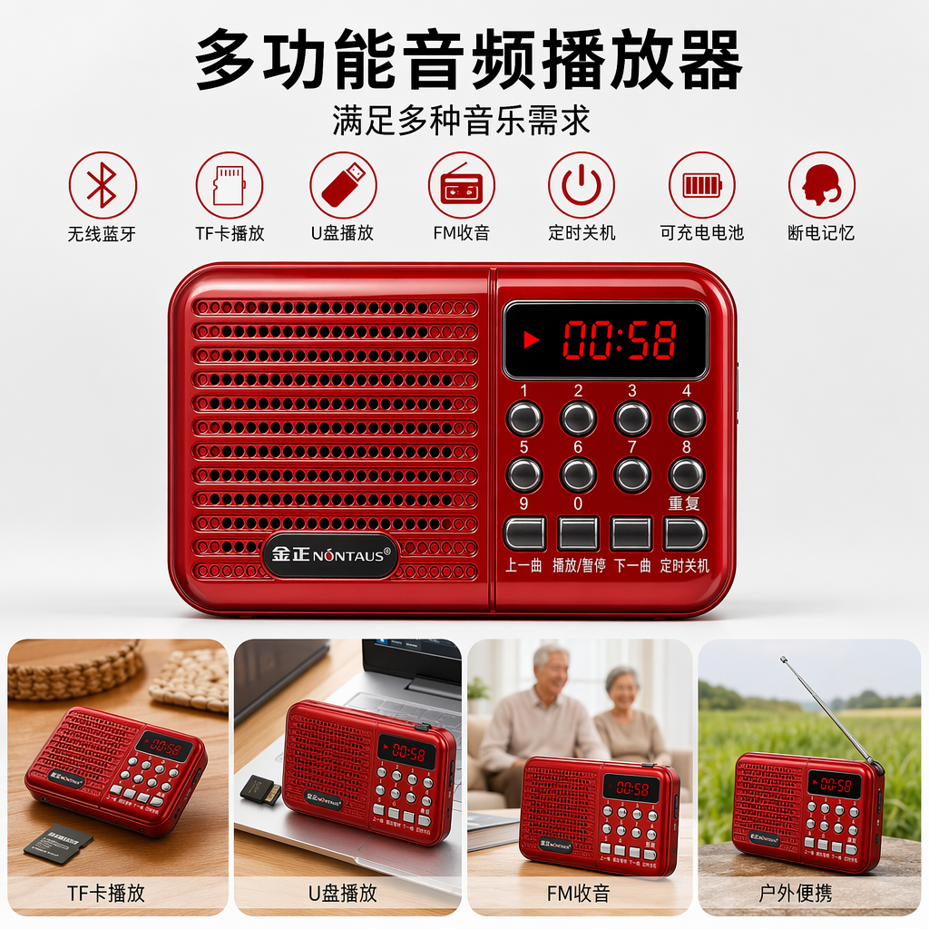 红色便携式多功能音频播放器 支持蓝牙U盘TF卡续航持久