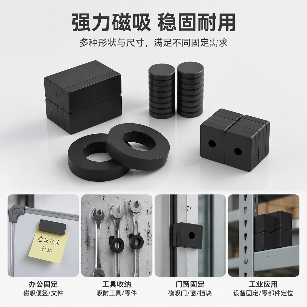 黑色磁铁块圆片环形磁铁及圆柱磁铁组合体