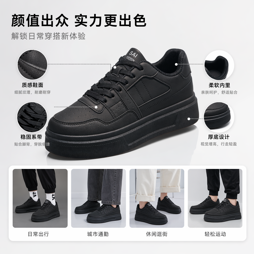 黑色男士休闲皮鞋 舒适防滑百搭简约商务正装男鞋