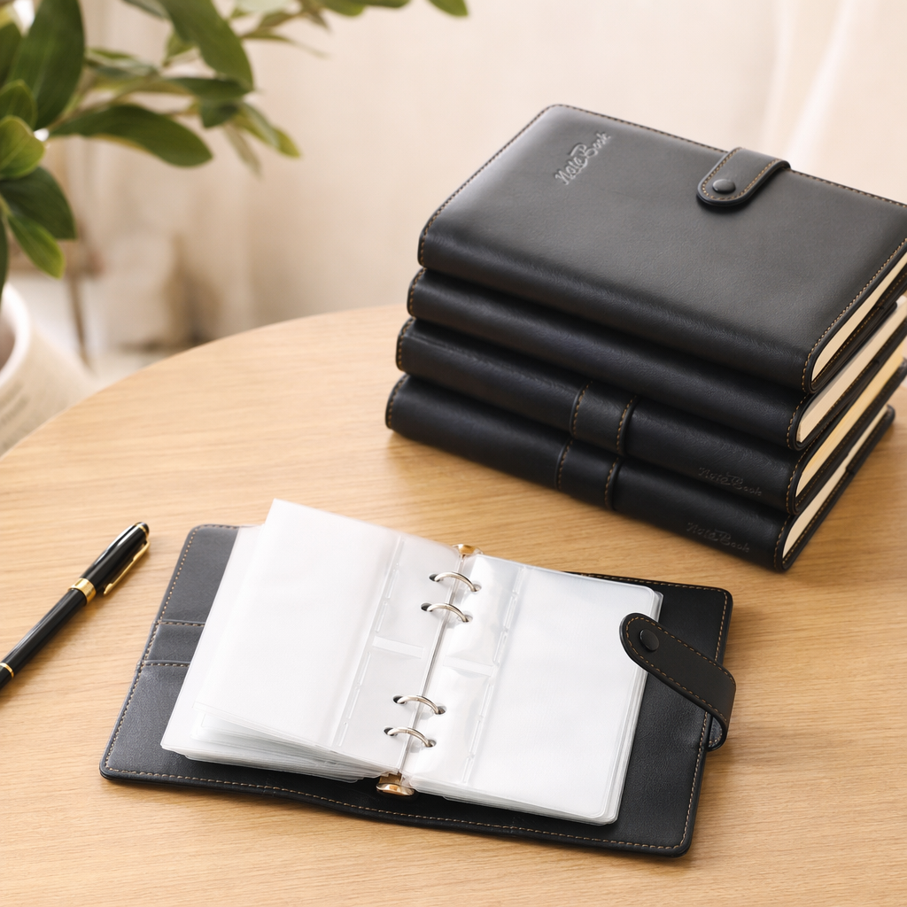 A deep blue multi-sized notebook set is arranged to showcase a simple business style details Picture