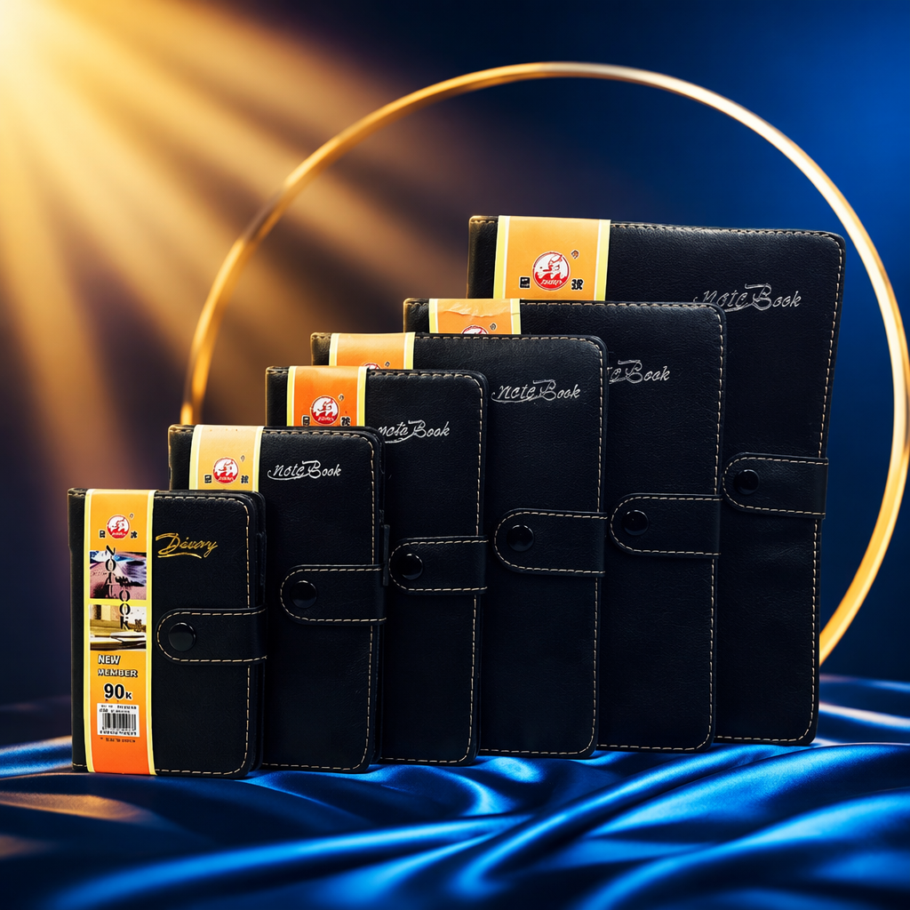 A deep blue multi-sized notebook set is arranged to showcase a simple business style Specification image