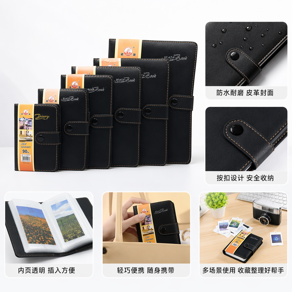 A dark blue leather notebook set with an orange label and golden stitching