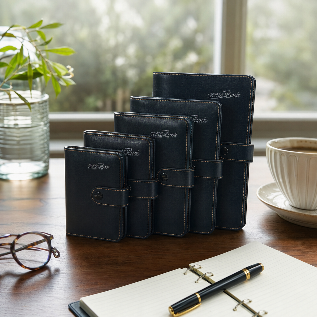 A dark blue leather notebook set with an orange label and golden stitching details Picture