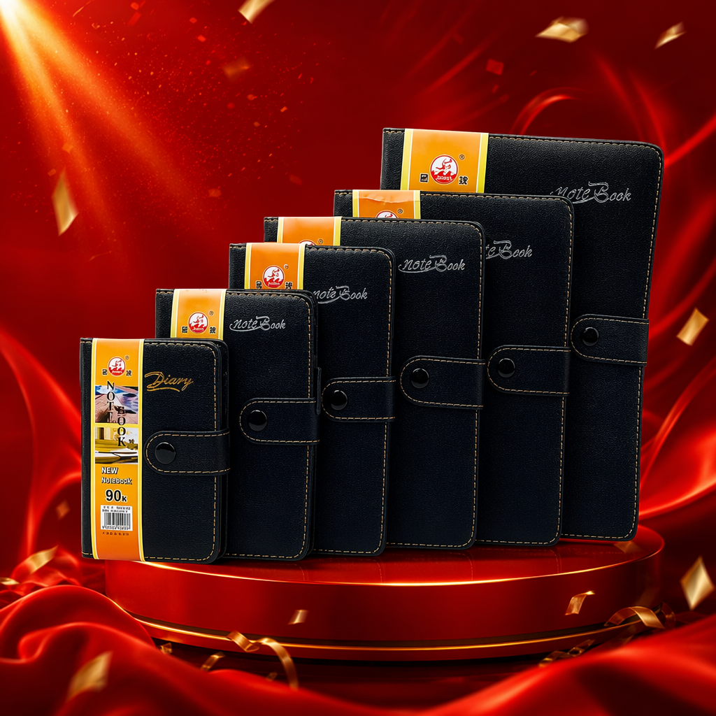 A dark blue leather notebook set with an orange label and golden stitching Specification image