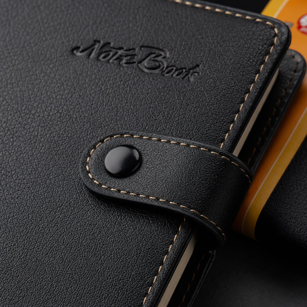 A dark blue leather notebook set with an orange label and golden stitching Application Scenario